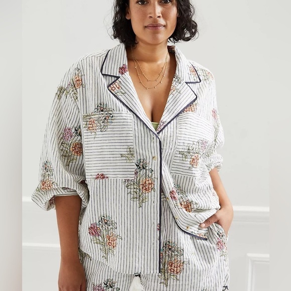 Anthropologie Ella Striped Floral Button Down Cotton Viscose Blend Top Sz Small - Picture 1 of 14